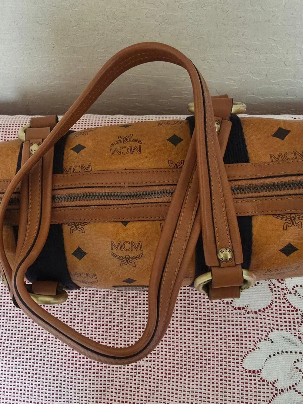 MCM Cognac Monogram Handbag Medium Satchel Bag AUTHENTIC